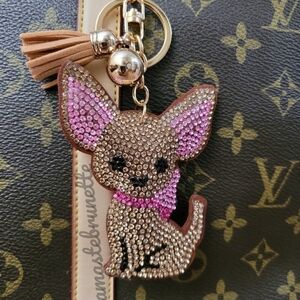 Chihuahua Dog Crystal Rhinestone Keychain Bag Charm With Tan Tassel